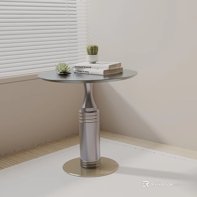 Round Top Side Table With Metal Base Holding Books And Small Cactus Plants By Window 3d model 