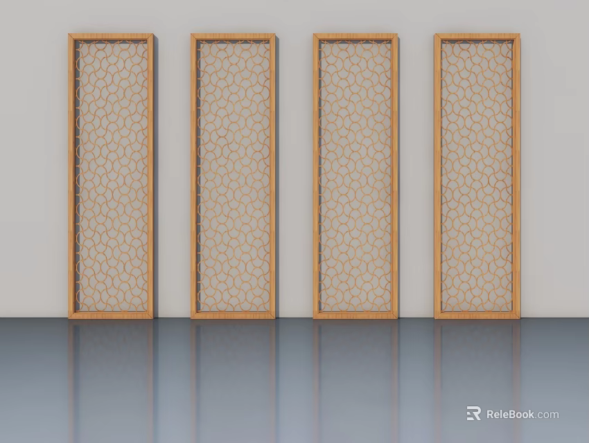 Four Swing Doors With Wooden Frames And Hexagonal Lattice Design 3d model