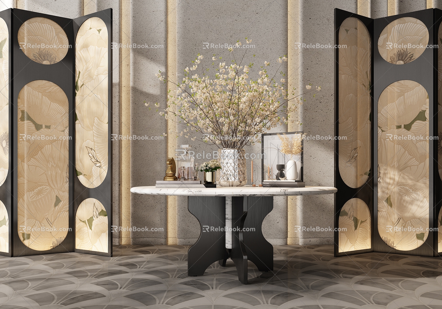 Modern hotel lobby floral ornaments combination 3d model