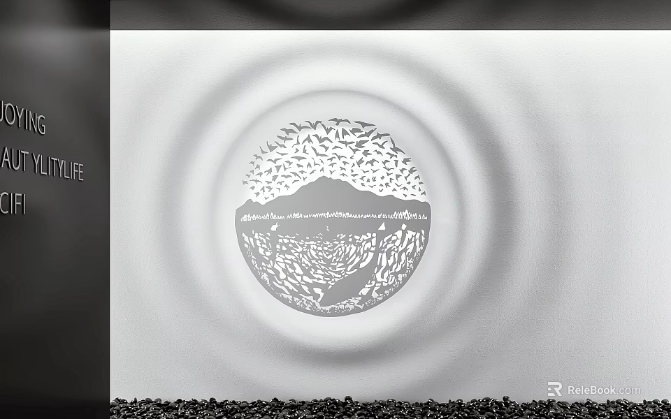 Circular Wall Decor With Birds And Mountain Pattern Concentric Circle Shadow And Black Pebble Bottom 3d model 