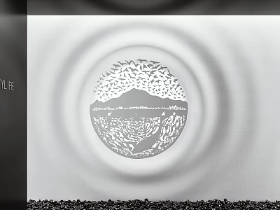Circular Wall Decor With Birds And Mountain Pattern Concentric Circle Shadow And Black Pebble Bottom 3d model