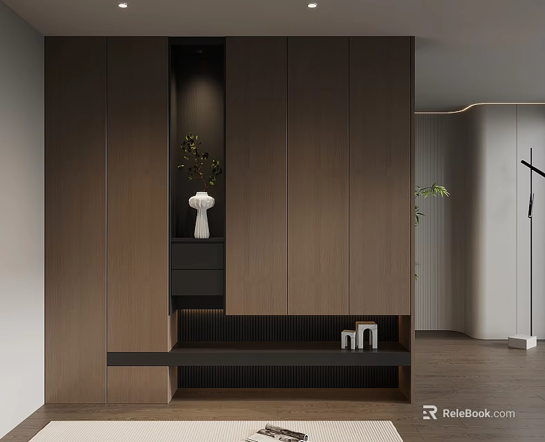 Modern Interior Design With Wooden Cabinet Open Shelf White Vase And Green Plant 3d model 