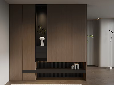 Modern Interior Design With Wooden Cabinet Open Shelf White Vase And Green Plant 3d model