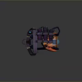 Purple And Orange Mechanical Character With Head Like Structure And Blue Glowing Orb