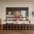 Modern Wooden TV Stand With Circular Patterns And Wall TV In Living Room