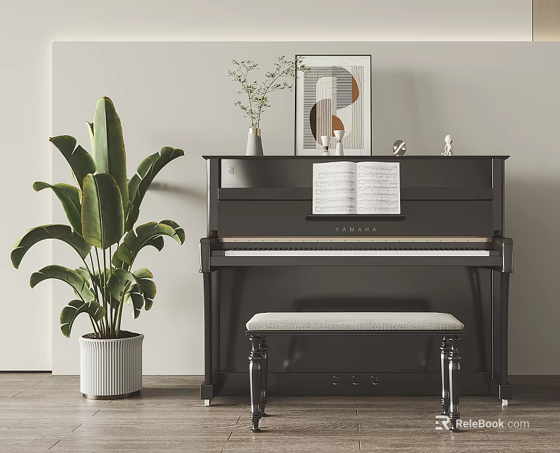 Classic Black Piano With Open Sheet Music And Decorative Artwork Near Green Plant And Bench 3d model 