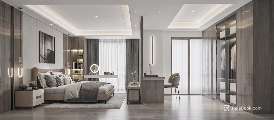 Modern Bedroom Interior With Bed Desk Chair Bookshelf Curtains And Lighting 3d model 