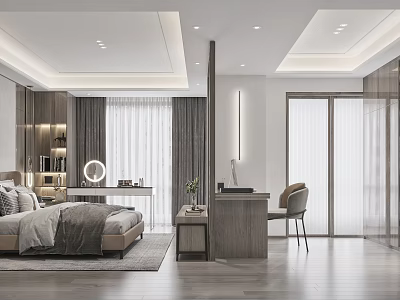 Modern Bedroom Interior With Bed Desk Chair Bookshelf Curtains And Lighting 3d model