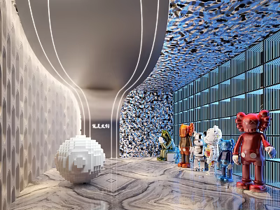 Modern Artistic Space With Curved Lights And Toy Figures 3d model