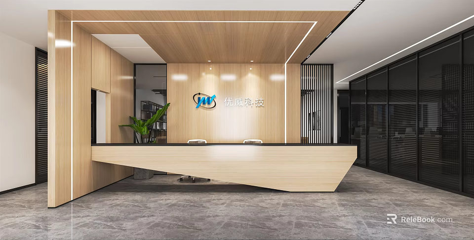 Modern Office Reception Desk With Wooden Design Company Logo Green Plant And Lighting 3d model 