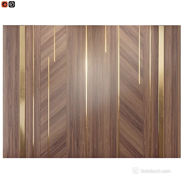 Elegant Wooden Wall Decor With Herringbone Pattern And Gold Metal Strips 3d model