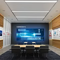 Modern Exhibition Hall With Wooden Walls Display Screens Conference Tables And Black Chairs
