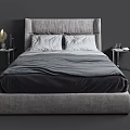 Modern Double Bed with Gray Upholstered Headboard White Pillows and Nightstands 3d model