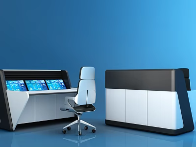 Modern Office Desk Setup With Multiple Screens Office Chair And Storage Cabinet 3d model