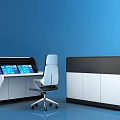 Modern Office Desk Setup With Multiple Screens Office Chair And Storage Cabinet