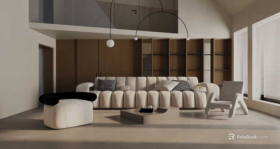 Elegant Modern Duplex Living Room With Beige Sofa Black Ottoman And Wooden Bookshelves 3d model 
