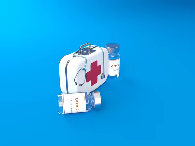 Medical Devices With Red Cross Medical Kit And COVID Vaccine Vials 3d model