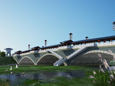 Chinese style Arched Bridge with Pavilions and Lanterns over Calm Water with Ducks and Riverside Plants 3d model