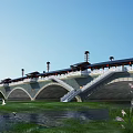 Chinese style Arched Bridge with Pavilions and Lanterns over Calm Water with Ducks and Riverside Plants
