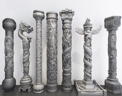 Intricately Carved Stone Columns Featuring Dragon Patterns Floral Decorations And Winged Designs 3d model