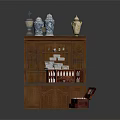 Traditional Wooden Display Cabinet With Decorative Vases Plates Wine Bottles And Open Wooden Case