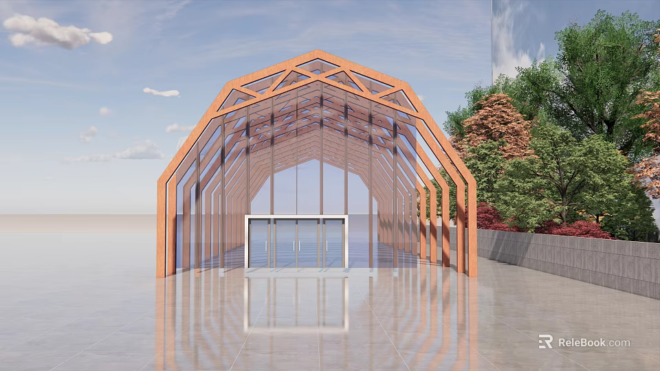 Modern Pergola With Arched Wooden Frame And Glass Panels Surrounded By Trees 3d model 