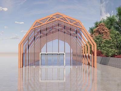 Modern Pergola With Arched Wooden Frame And Glass Panels Surrounded By Trees 3d model