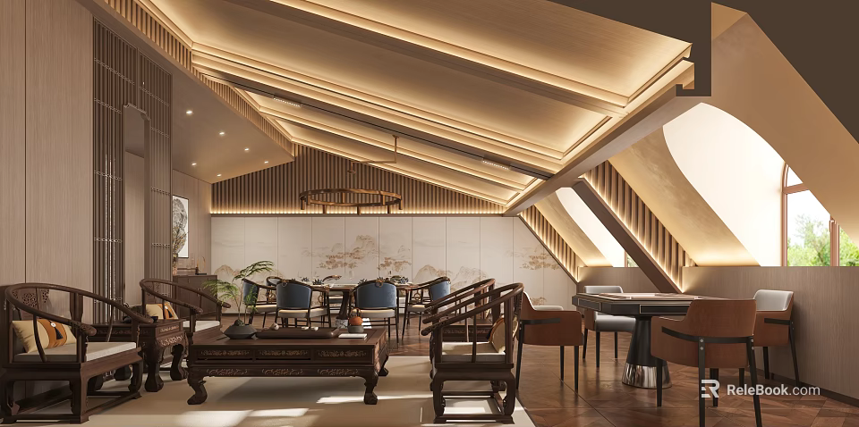 Luxurious Chinese Private Room Interior With Wooden Furniture Round Table Pendant Lights And Greenery 3d model 