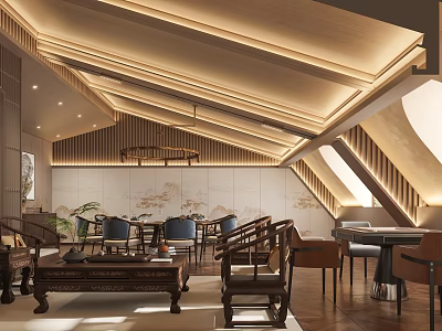 Luxurious Chinese Private Room Interior With Wooden Furniture Round Table Pendant Lights And Greenery 3d model