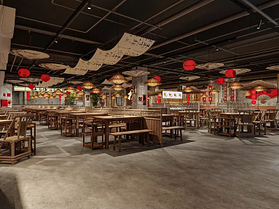 Traditional Hotpot Restaurant Interior With Wooden Tables Red Lanterns And Classic Decorations 3d model