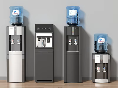 Modern Standing Water Dispensers in Various Styles with Blue Water Bottles 3d model