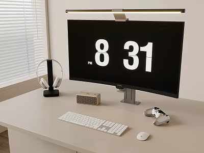 Modern Computer Monitor Setup with Time Display Keyboard Mouse Headphones Gaming Controller on Light Desk 3d model