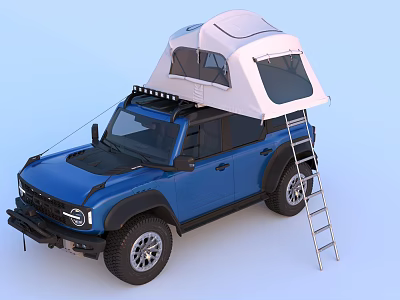 Blue Off Road Vehicle With White Roof Tent And Ladder For Camping Adventure 3d model