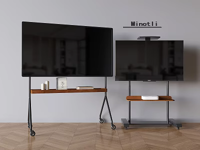 Minotti TVs Placed On Different Wheeled Stands In Modern Minimalist Room 3d model
