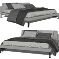 Modern Double Bed with Light Gray Upholstered Frame and Gray Blanket Pillows 3d model