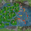 Colorful Koi Fish Swimming In Pond With Lily Pads And Lotus Flowers Surrounded By Stones
