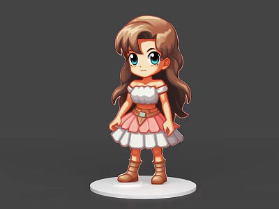 Cartoon Game Character With Long Brown Hair Big Blue Eyes Pink White Dress Brown Boots 3d model