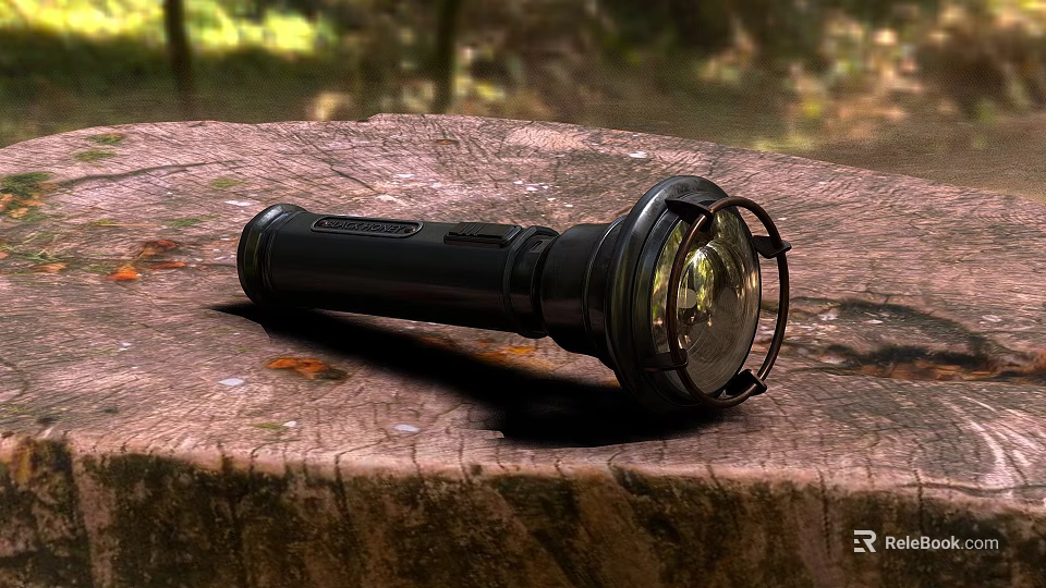 Outdoor Light Black Flashlight with Tree Stump in Natural Forest Setting 3d model 
