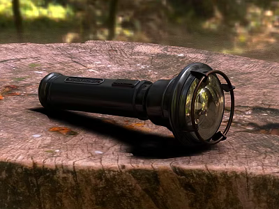 Outdoor Light Black Flashlight with Tree Stump in Natural Forest Setting 3d model
