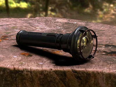 Outdoor Light Black Flashlight with Tree Stump in Natural Forest Setting 3d model