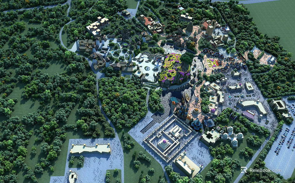 Amusement Park Aerial View With Various Attractions And Greenery 3d model 