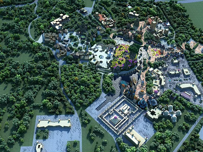Amusement Park Aerial View With Various Attractions And Greenery 3d model