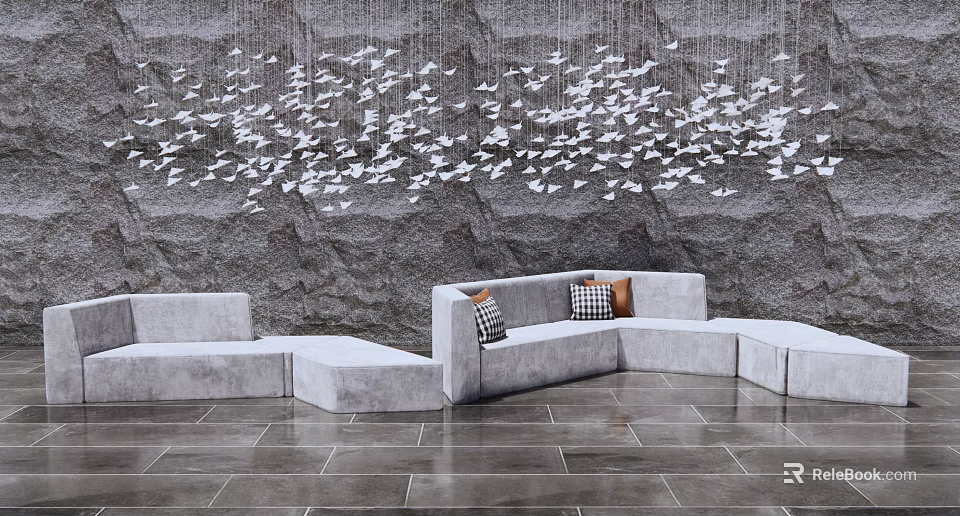 Abstract Shape Sofa In Modern Interior With Wall Art Decorations And Tile Floor 3d model