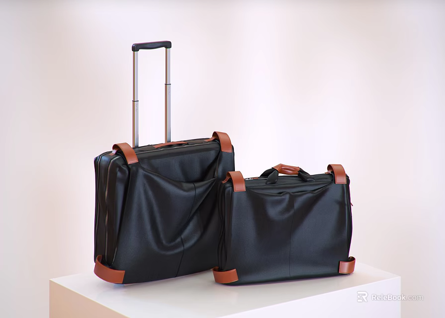 Black Luggage Set With Brown Leather Accents Trolley Handle On White Stand 3d model 