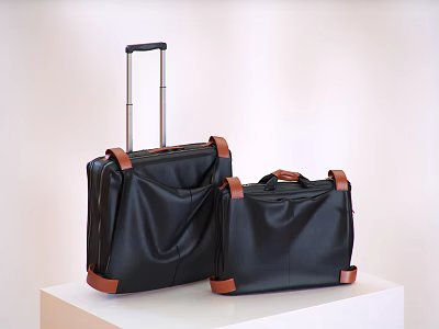 Black Luggage Set With Brown Leather Accents Trolley Handle On White Stand 3d model