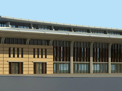 Modern Building Exterior With Brown Walls Large Glass Windows And Roof Canopy 3d model