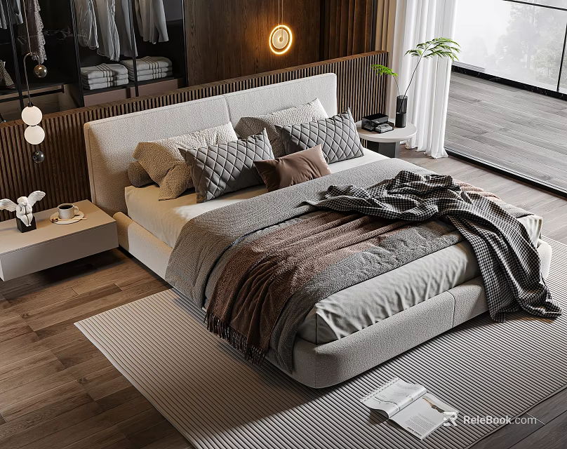Cozy Modern Double Bed in Bedroom with Wooden Headboard Soft Pillows and Warm Blanket 3d model 