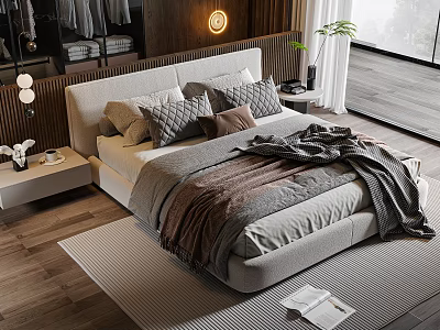 Cozy Modern Double Bed in Bedroom with Wooden Headboard Soft Pillows and Warm Blanket 3d model