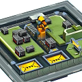 Cartoon Style Factory Scene Layout With Robot Arm Green Areas And Yellow Markers