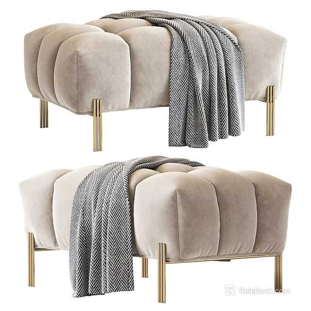 Elegant Beige Velvet Sofa Stool With Golden Legs And Gray Blanket 3d model 